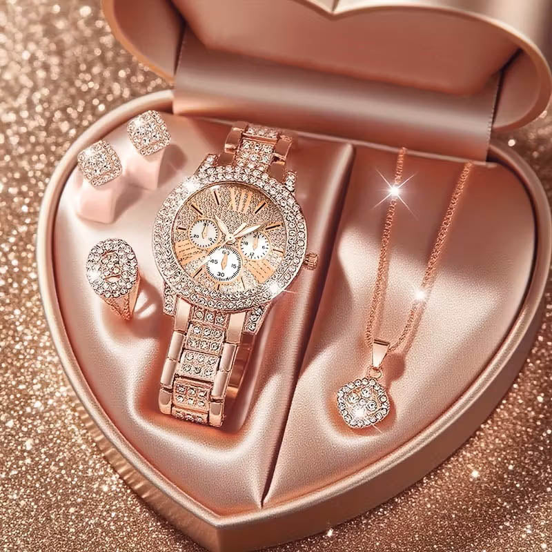 Accesorios de Moda para Mujer - Set de Regalo de 5 Piezas - Aretes, Anillo, Reloj y Collar con Diamantes - Elegancia y Estilo – Rose Gold