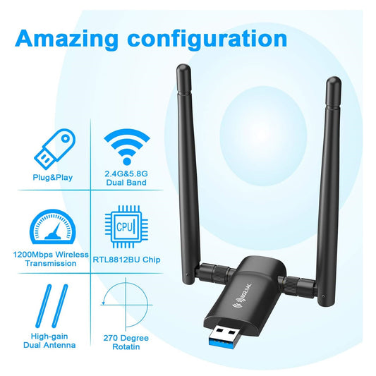 Adaptador WiFi USB inalámbrico 1300 Mbps con antenas duales de 5dBi - Compatible con Windows
