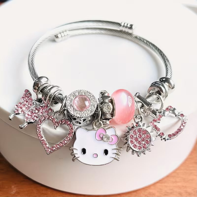 Pulsera Rosa Hello Kitty Kawaii – Encantos de Gato, Corazón, Sol y Mariposa - Metálica - Joyería Adorable - Estilo Y2K - Uso Diario y Regalos Especiales para Mujer