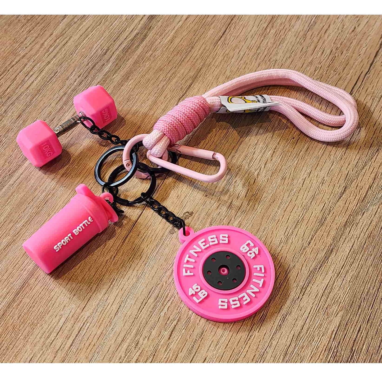 Llavero Deportivo Temático - Mini Mancuerna, Mini Barra de Pesas y Mini Botella Deportiva - Accesorio creativo para Mujer - Fitness - Rosa