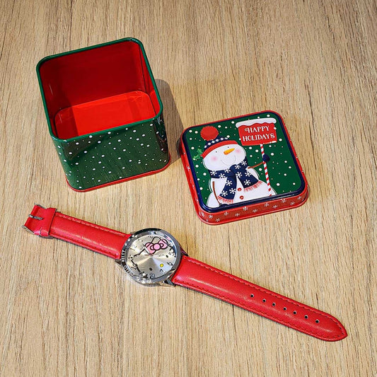 Reloj de Moda Sanrio Hello Kitty para Mujer – Diseño Adorable - Correa de Cuero PU - Color Rojo y Plateado