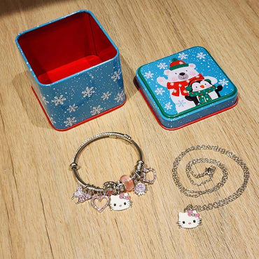 Set de Joyería Hello Kitty Sanrio con Collar y Pulsera Kawaii Plateado y Rosa