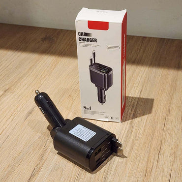 Cargador para Auto Retráctil 5 en 1 USB-C Hasta 69W Negro