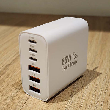 Cargador de Pared USB-C y USB-A 65W 6 Puertos con Carga Rápida