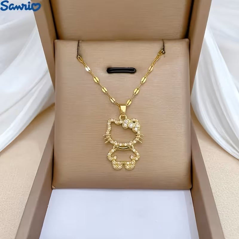 Collar Dorado Hello Kitty Sanrio – Acero de Titanio - Diseño Minimalista y Kawaii - Cadena Hueca con Cuenta Negra - Joyería Delicada para Mujeres y Fans del Anime