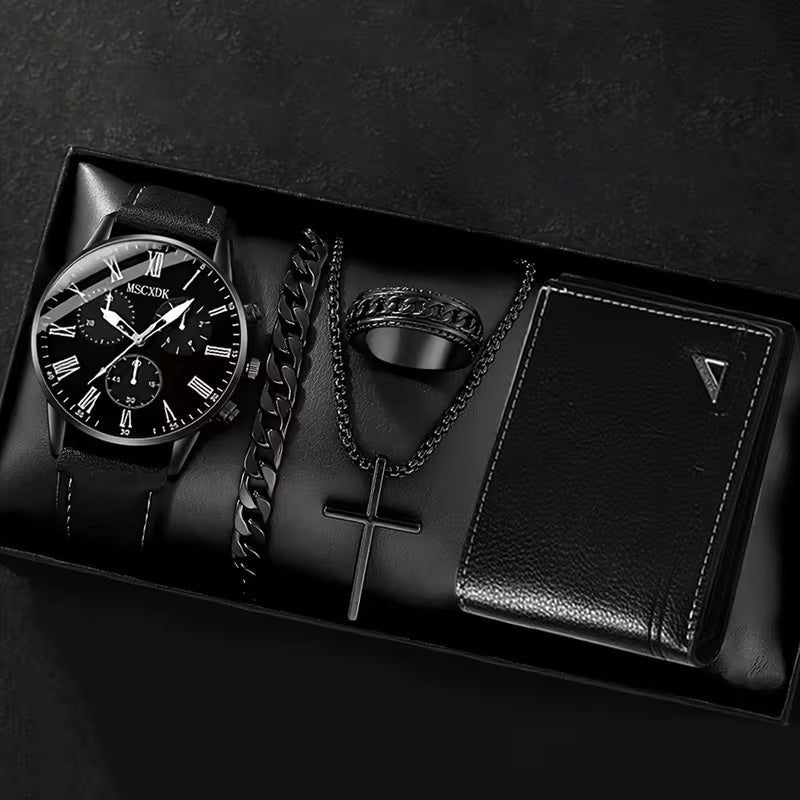 Accesorios de Moda para Hombre - Set de Regalo de 5 Piezas - Reloj, Pulsera, Anillo, Collar y Billetera - Estilo Ejecutivo y Casual – Negro
