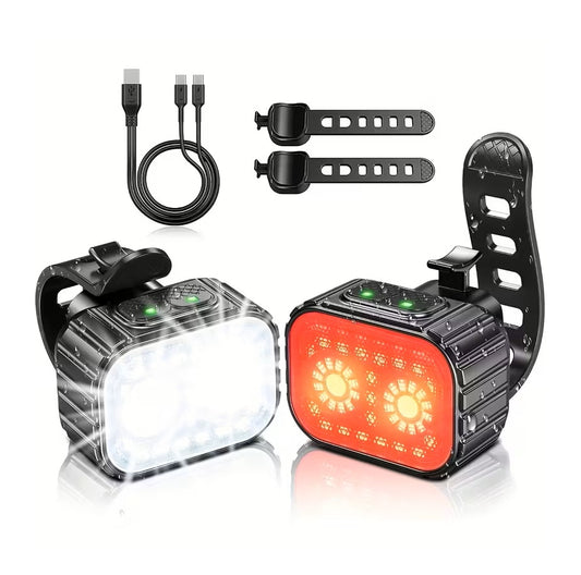 Luces para bicicleta PRO - Juego de 2 Luces Delantera y Trasera - 500 lm - 8+12 modos - Recargables USB - Impermeables IPX6 - Haz de 2 puntos y luz amplia - Ultra brillante - Negro - Pack x2
