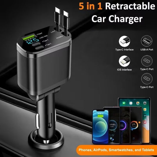 Cargador para Auto Retráctil 5 en 1 USB-C Hasta 69W Negro