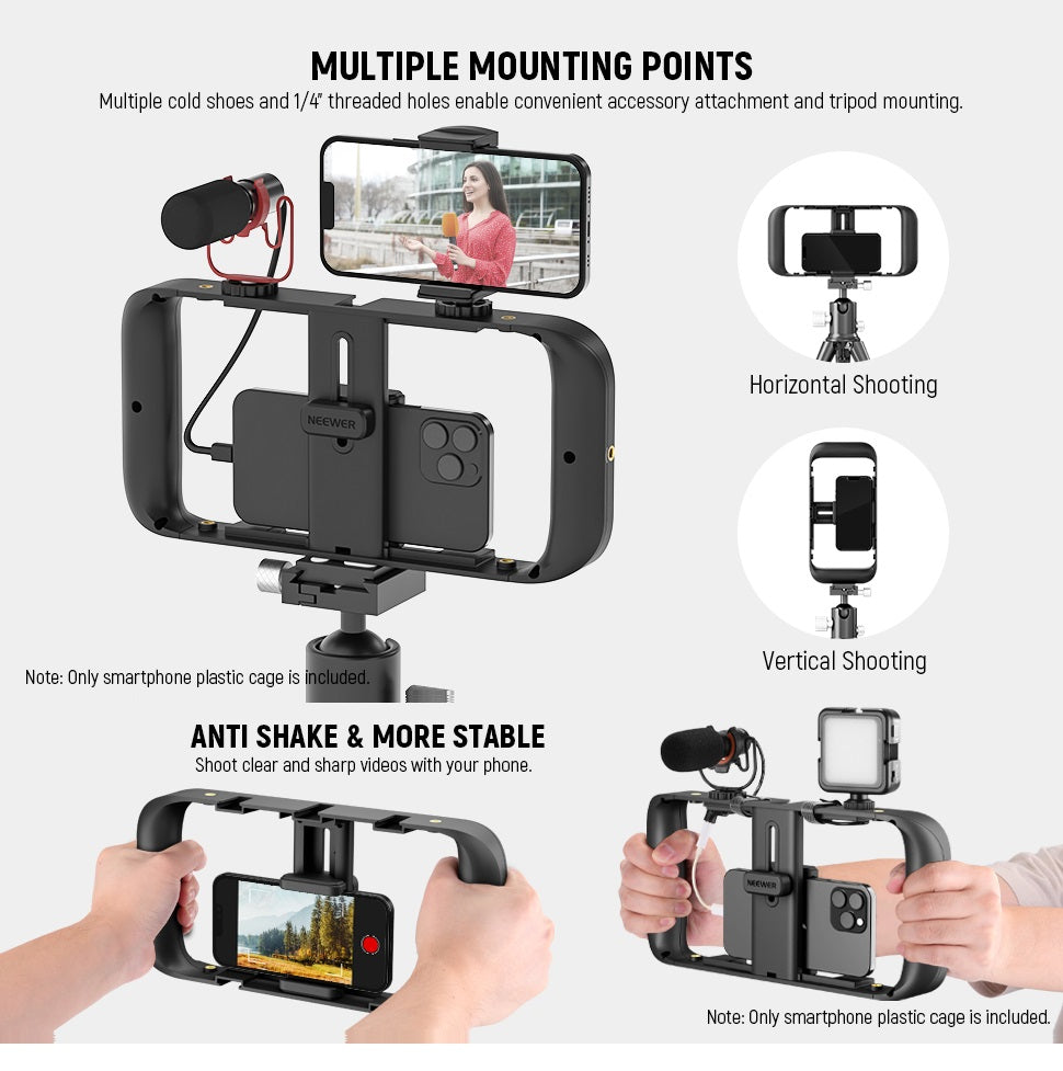 Estabilizador Profesional para Smartphone – Jaula Estabilizadora – Zapata Fría compatible con Trípode, Luces Led, Micrófonos – Vlogging y Cine – Negro