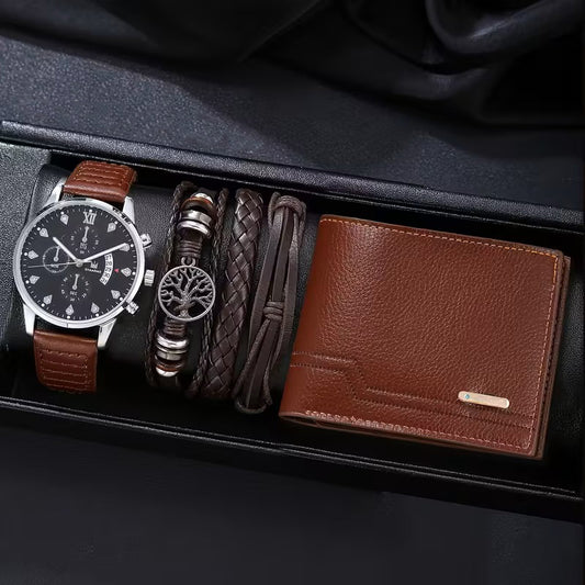 Accesorios de Moda para Hombre - Set de Regalo de 5 Piezas - Reloj, Pulseras y Billetera - Estilo Ejecutivo y Casual – Plata, Café claro y oscuro