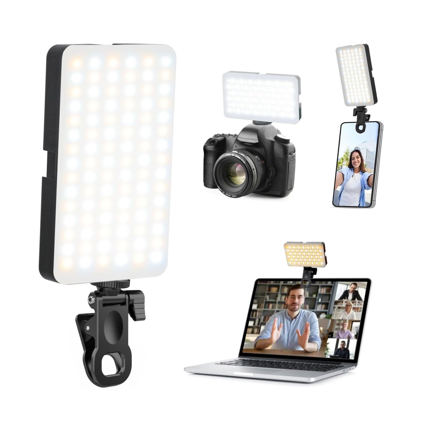 Luz de Video - Clip ajustable y Zapata fría – Recargable y Portátil – 12 horas batería - Iluminación Profesional – Tonalidad fría y cálida - 10 Niveles de luz ajustables - 2700K a 6500K para Cámara DSLR, GoPro, Smartphone – Conferencias, Vlogging y más