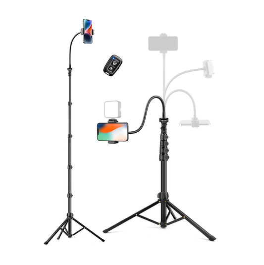 Trípode de Aluminio para teléfono plegable - Con cuello de cisne flexible - Control remoto Bluetooth – con Zapata Fría - 2,19 metros de alto - Creadores de Contenido, Vlogging, grabación de video- Artículos de viajes – Compatibilidad Universal - Negro