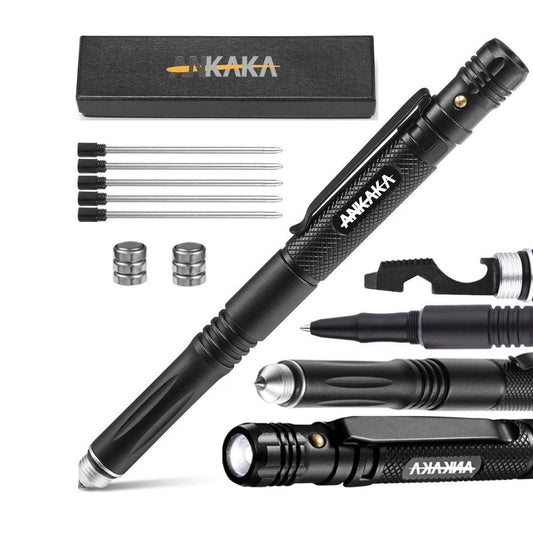 Bolígrafos Multiherramienta 6 en 1 – Punta de autodefensa, Linterna, Multiherramienta, Recambios de Tinta y 6 Baterías - Accesorios Esenciales - Edición Completa con Caja de Regalo