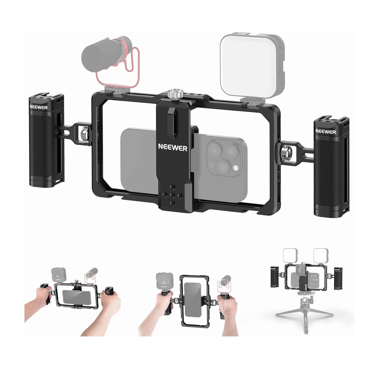 Estabilizador Profesional para Smartphone con doble asa - Aluminio - Kit de Vlogging - SmallRig - Zapata Fría compatible con Trípode, Luces Led, Micrófonos – Vlogging, cine y más – Negro