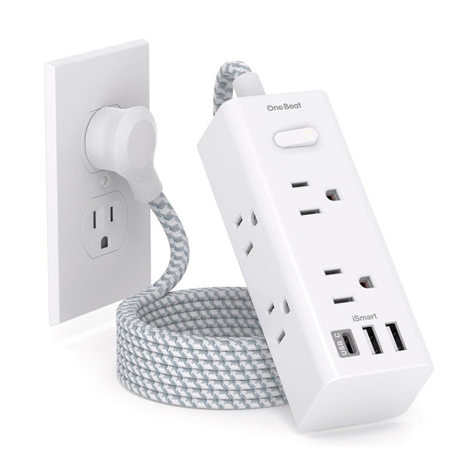 Regleta Protectora Contra Sobretensiones – 6 Tomas y 3 Puertos USB (1 USB-C), Cable de 5 Pies, Enchufe Plano