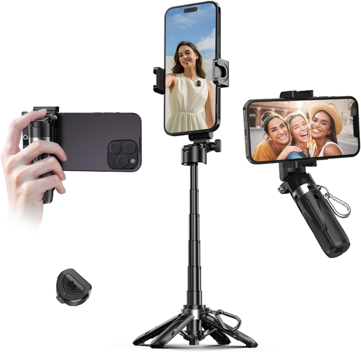 Selfie Stick de Aluminio 3 en 1 con Mosquetón - con Trípode - Diseño Plegable, Portátil, Compacto y Multifuncional - Control remoto Bluetooth – 2 Soportes de zapata fría – Altura y Ángulo Ajustables - Creadores de Contenido – Accesorios de Viaje - Negro