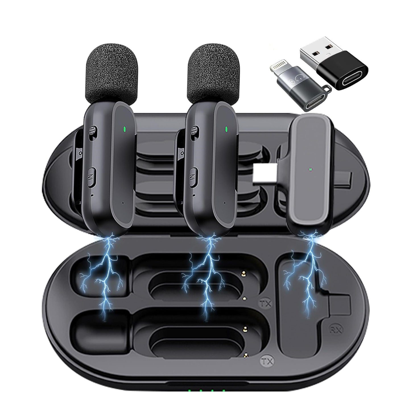 Micrófonos Lavalier Inalámbricos Profesionales con Estuche de Carga, Reducción de Ruido y Conectores Lightning & USB-C – Compatibles con iPhone, iPad y Android- Pack x2