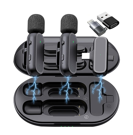 Micrófonos Lavalier Inalámbricos Profesionales con Estuche de Carga, Reducción de Ruido y Conectores Lightning & USB-C – Compatibles con iPhone, iPad y Android- Pack x2