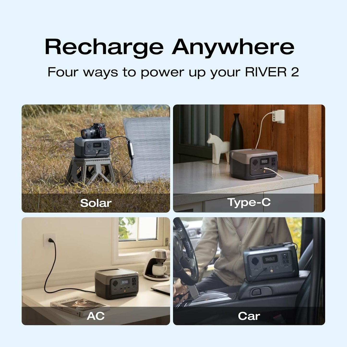 Estación de Energía Portátil - EF ECOFLOW RIVER 2 - 256 Wh 300w a 600W LiFePO4 - Generador Solar