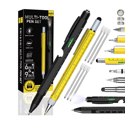 Bolígrafo Multiherramienta – 6 en 1 y 9 en 1 - Con linterna, Regla, Nivel de burbuja, Abridor de botellas, accesorios de repuesto y más - Accesorios Esenciales - Ideal para regalo - Pack x2