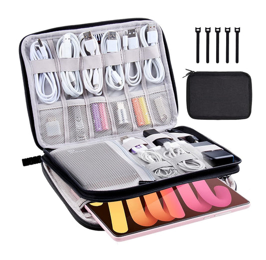 Estuche Organizador Portátil - Dispositivos Móviles, Cables, Cargadores, Memorias y más – Accesorios para Viaje – Múltiples Compartimientos – Impermeable – Large - Negro