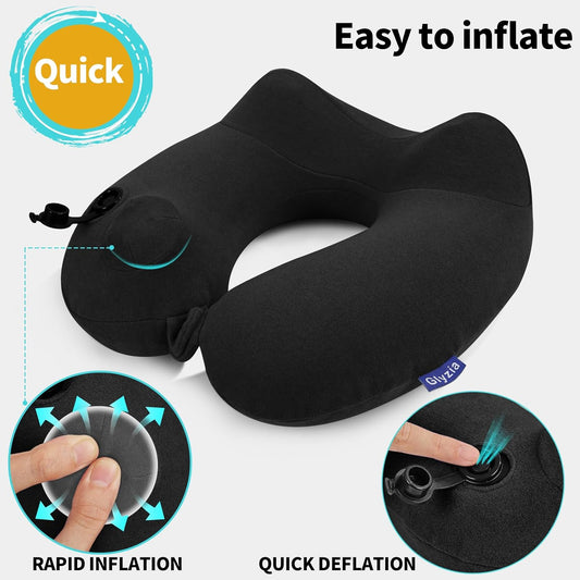 Almohada Inflable de Viaje en Forma de U - Bomba Integrada - Terciopelo Suave - Kit Tapones oídos y Máscara de Ojos