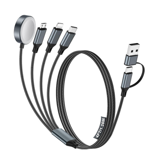 Cable de Carga Múltiple – 4 en 2 – Carga hasta 30W - Compatible con Apple Watch, iPhone, Samsung, iPad y más – Tipo C + USB A, 1 Pack - 1.22 Metros – Negro y Gris