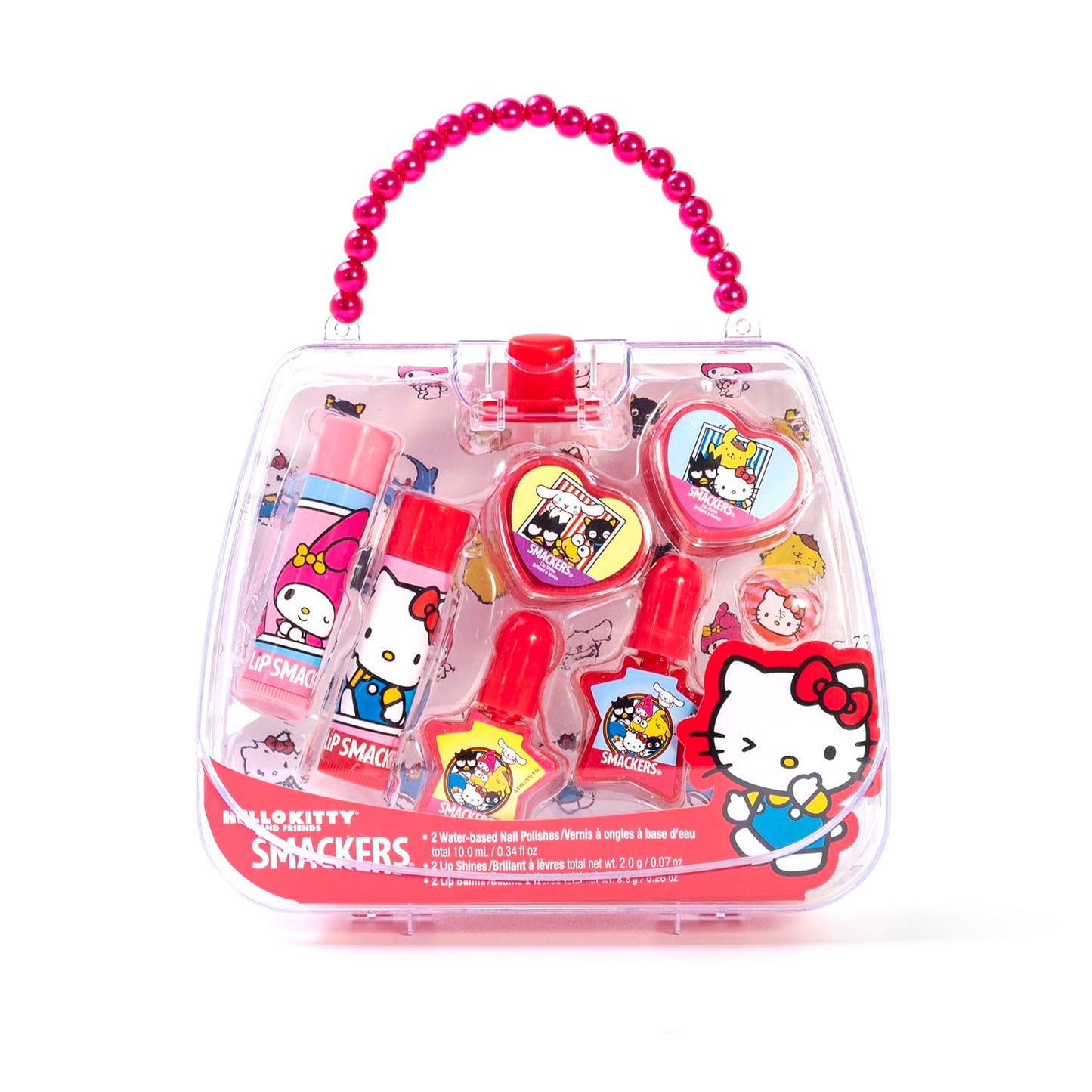 Set de Maquillaje Infantil - Lip Smacker Hello Kitty - Bálsamos Labiales Hidratantes saborizados, Esmaltes de Uñas coloridos, Anillo de accesorio Sanrio y Elegante Bolsa de Mano – Regalo Ideal para Niñas
