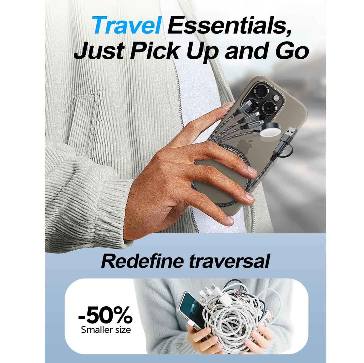 Cable Carga Múltiple 4 en 2 30W Apple y Android 1,22m