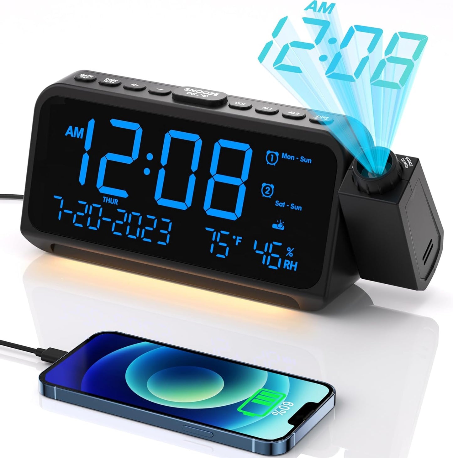 Reloj despertador Digital Inteligente con Proyector Giratorio de 350° integrado - Alarma Dual, Termómetro, Higrómetro y Carga USB Tipo C - Negro