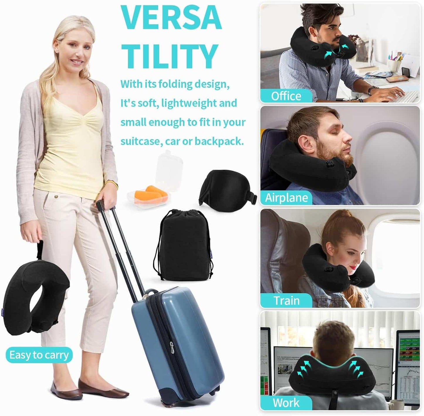 Almohada Inflable Viaje U Terciopelo Bomba Tapones y Máscara