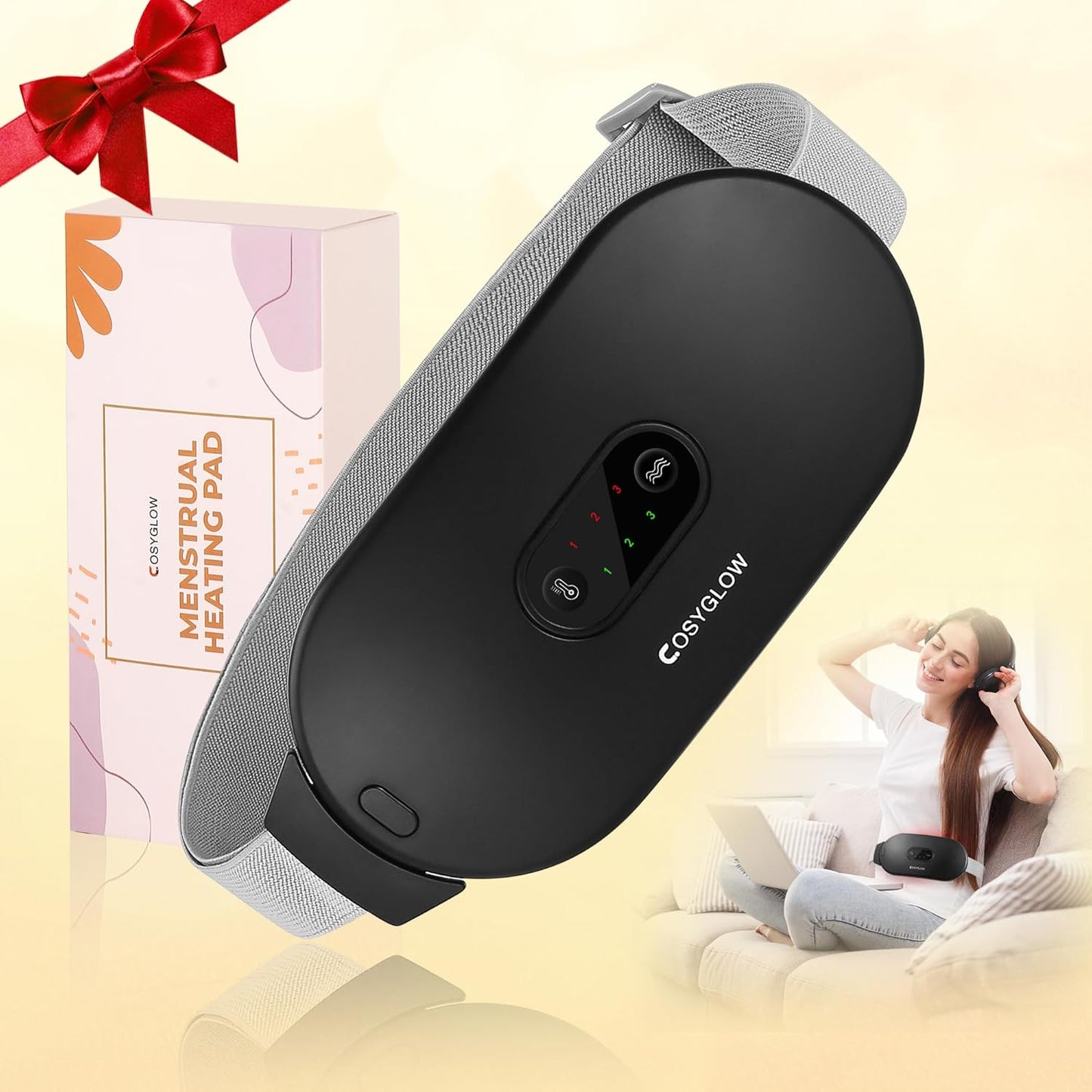 Masajeador Abdominal – Almohadilla térmica menstrual – Recargable USB - Alivia el dolor de Cintura, Abdomen, Espalda - 6 Niveles de calor – 6 Modos de Masaje con vibración – Calentamiento rápido 3S - Temporizador - Portátil - Negro