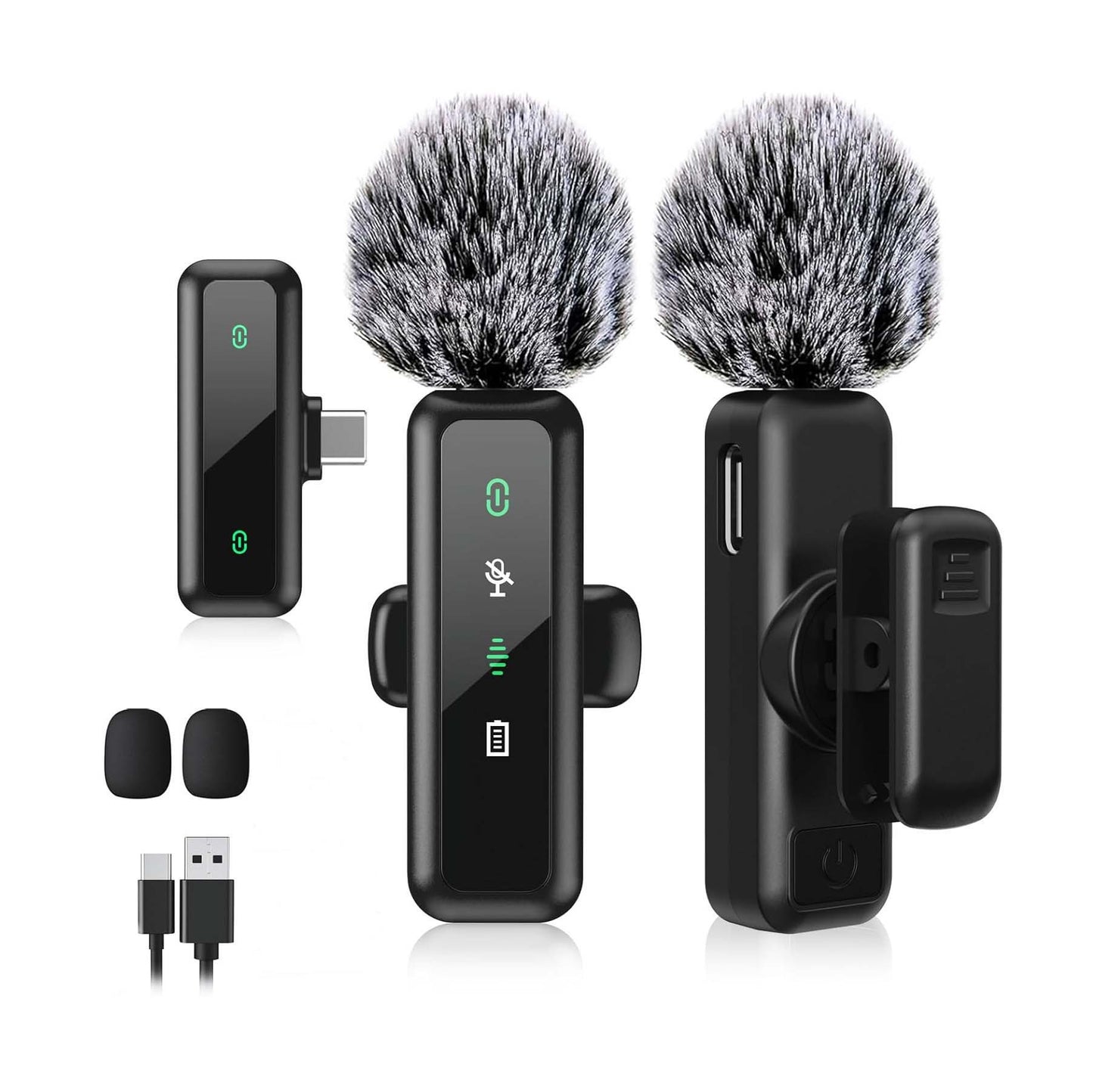 Micrófono Lavalier inalámbrico PRO – USB-C – Android - Pantalla LED Táctil – Accesorios para espacios ventosos – Cancelación de ruido – Creadores de contenido – Vlogging, Streaming, Gaming – Material resistente – Pack x2 - Negro