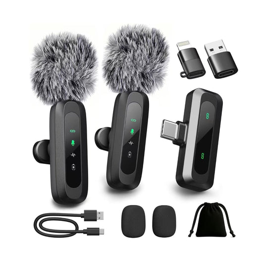 Micrófonos PRO Lavalier Inalámbricos – Micrófonos de solapa - USB-C – Cancelación de Ruido HD – 3 Adaptadores y Estuche Portátil – Pantala LED - Compatible con Android, iPhone 15, PC – Ideal para Vlogging y Streaming – Pack x2