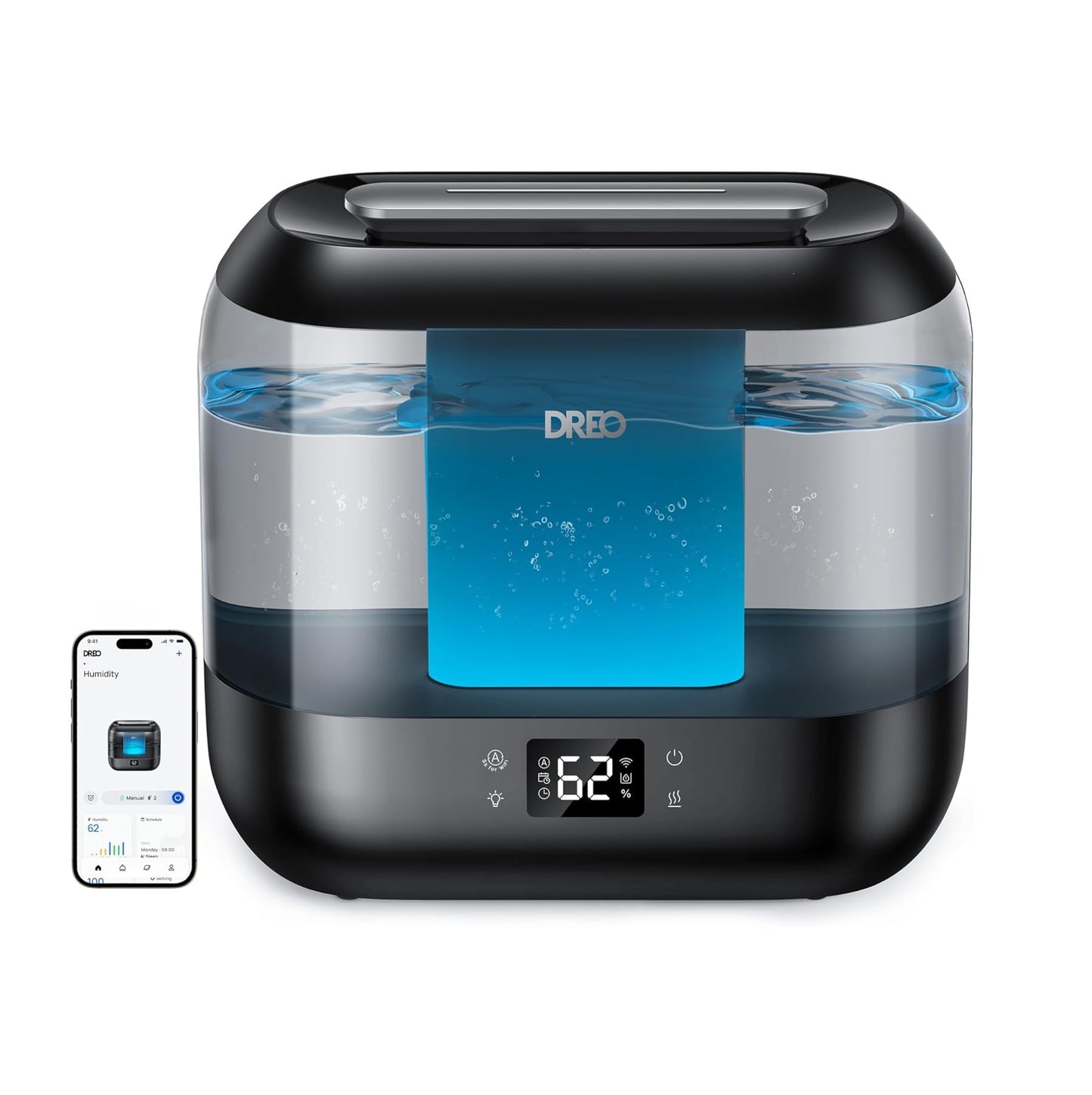 Humidificador Ultrasónico Inteligente - 4 Litros - Control mediante App y Manual - WiFi - Alexa y Google Assitant - Pantalla Led - Hogar, Oficina, y más - Silencioso - Aromaterapia, Difusor de aceites esenciales - Boquilla 360° - Niebla Fría - Negro