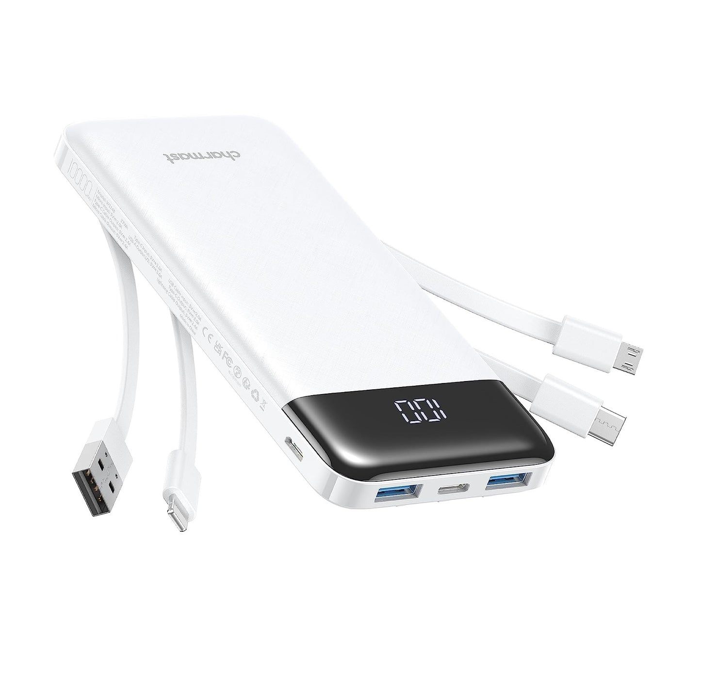 Bancos de Energía con 4 Cables Integrados - Power Bank - 10000 mAh USB-C - Carga Rápida - Pantalla Led - Protección contra sobrecarga - Compatibilidad Universal - Accesorios de Viaje - Blanco