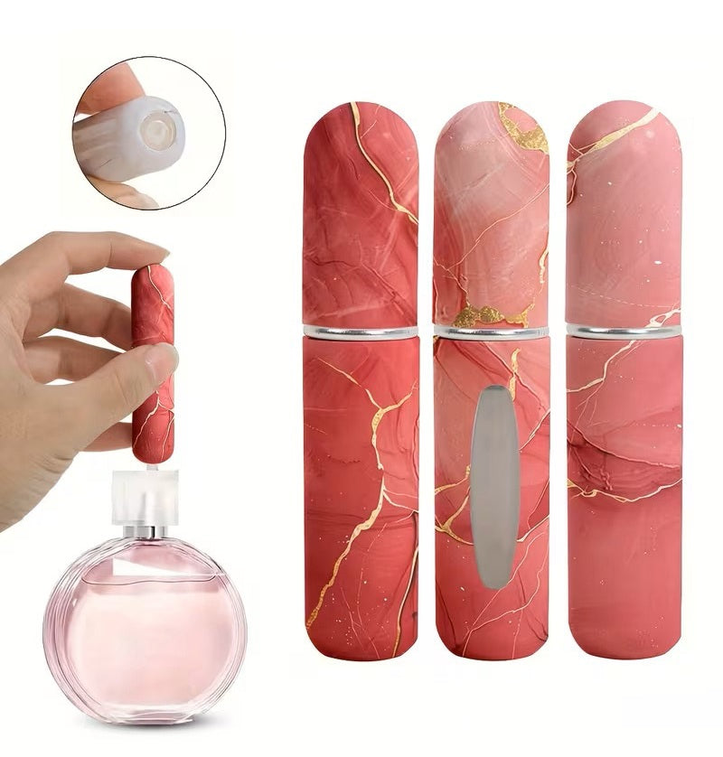 Atomizadores de Perfume para Mujer - Mini Botellas Rellenables – 5ml - Aluminio + Acrílico - Antifugas - Accesorios para Viaje - Textura de Mármol Rojo - Pack x3