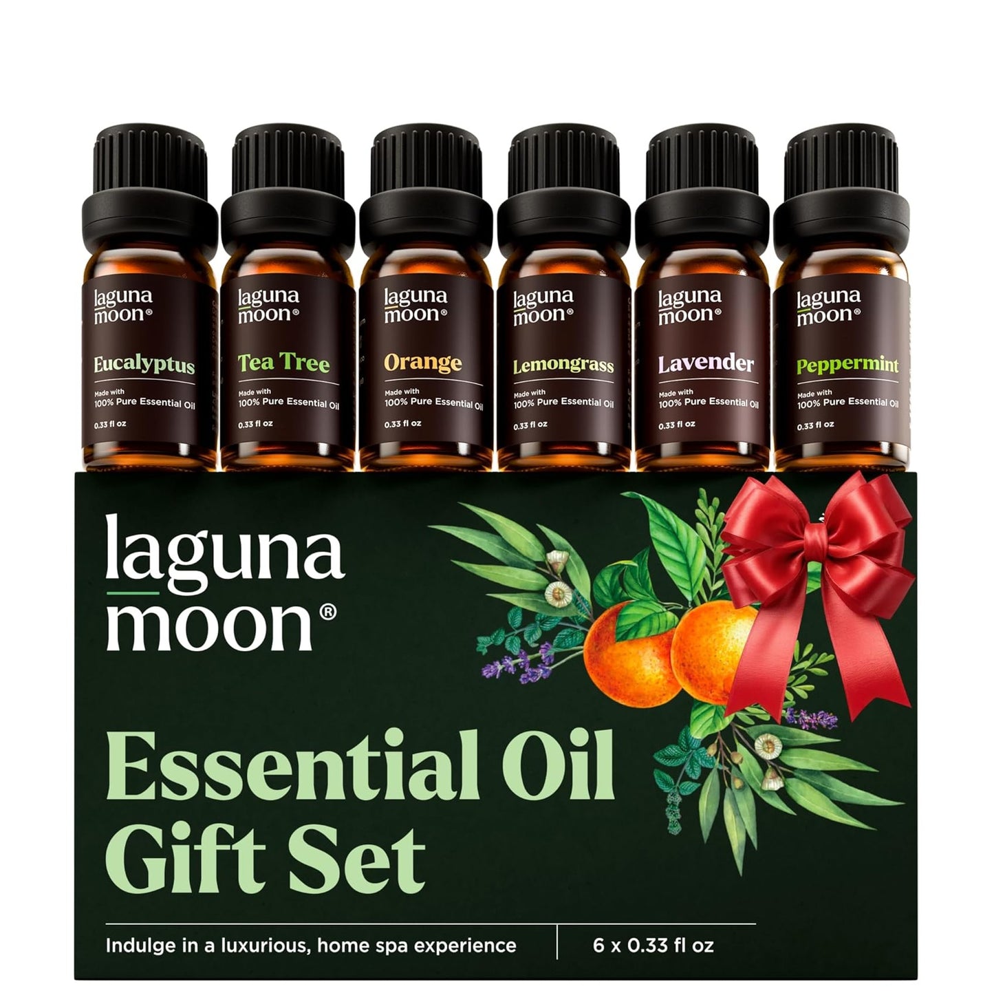 Aceites Esenciales LagunaMoon 100% Puros – Set de 6 unidades - Aromaterapia Premium (Lavanda, Menta, Naranja, Árbol de Té, Citronela, Eucalipto) con Caja de Regalo – 0.33 fl oz - Hogar, Oficina, Auto y más