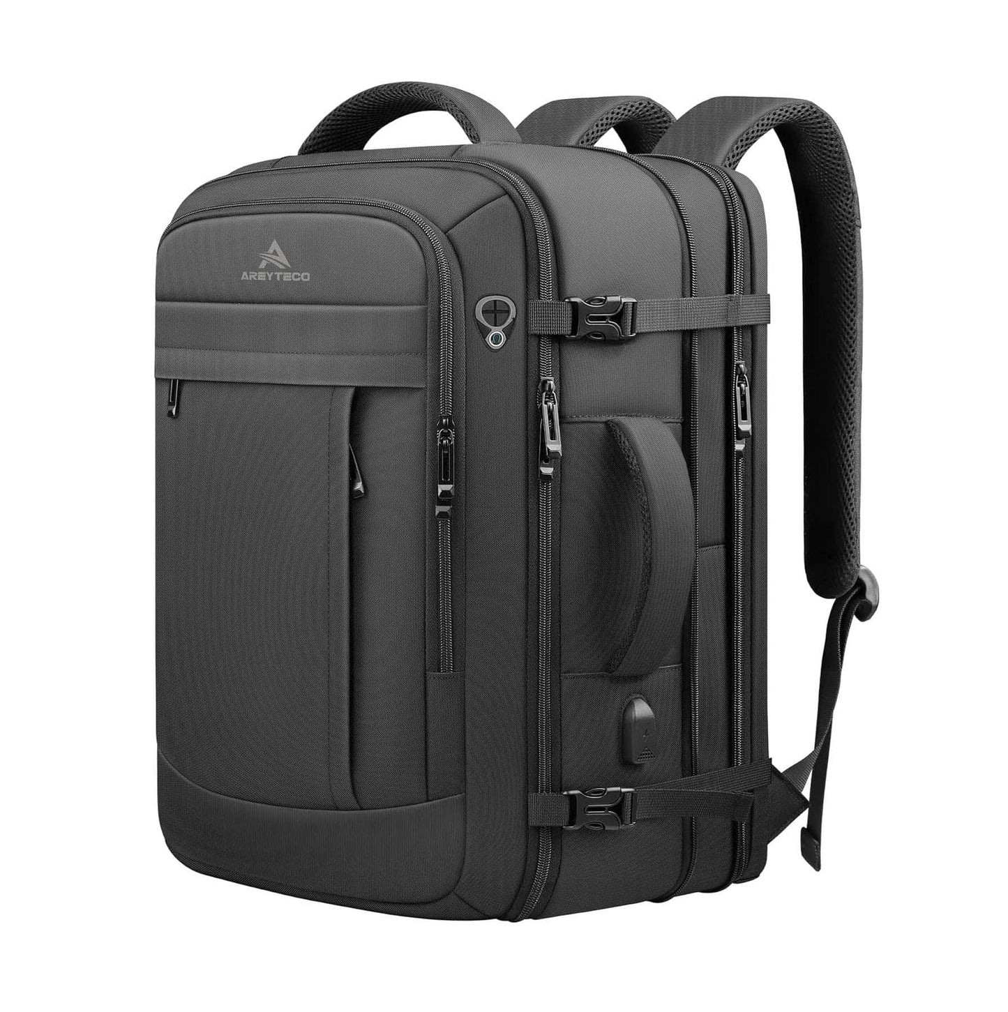 Mochila de Viaje Expandible 50 L – Convertible en Carry-On - Aprobada para Cabina - Resistente al Agua - Portátiles hasta 17” - Puerto USB para Power Bank - Negra