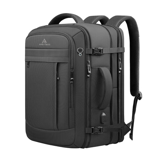 Mochila de Viaje Expandible 50 L – Convertible en Carry-On - Aprobada para Cabina - Resistente al Agua - Portátiles hasta 17” - Puerto USB para Power Bank - Negra