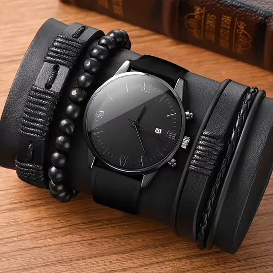 Accesorios de Moda para Hombre - Set de Regalo de 4 Piezas - Pulseras y Reloj - Estilo Ejecutivo y Casual – Negro