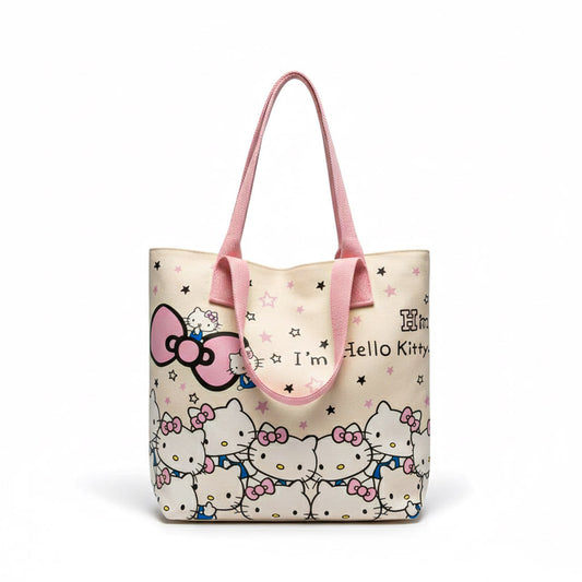 Bolso Tote Hello Kitty Sanrio para Mujer - Gran Capacidad - Diseño con Caras, Estrellas y Lazo Icónico – Con cremallera - Lavable - Ideal para Compras y Viajes - Blanco y Rosa
