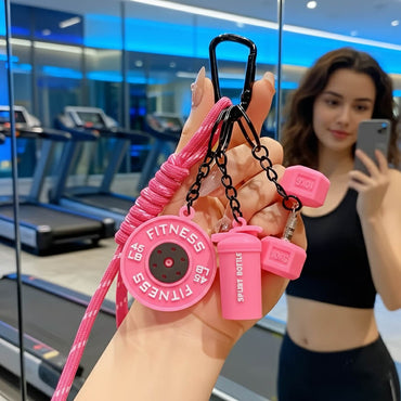 Llavero Deportivo Temático - Mini Mancuerna, Mini Barra de Pesas y Mini Botella Deportiva - Accesorio creativo para Mujer - Fitness - Rosa