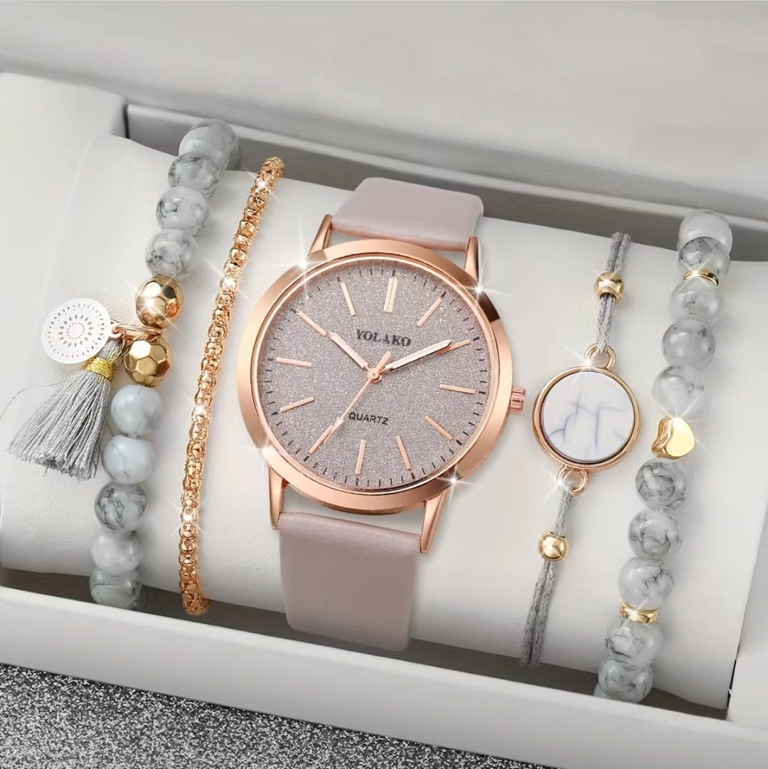 Accesorios de Moda para Mujer - Set de Regalo de 5 Piezas - Reloj y Pulseras - Elegancia y Estilo – Rose Gold y Piedra gris