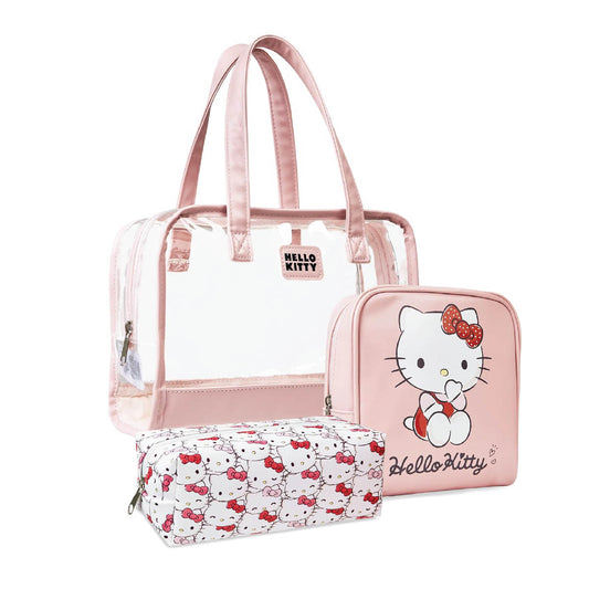 Neceser y Bolsa de Maquillaje Hello Kitty - Juego de 3 Piezas – Estuche de Cosméticos con Cremallera para Mujeres, Adolescentes y Niñas – Accesorios de Viaje - Color Rosado