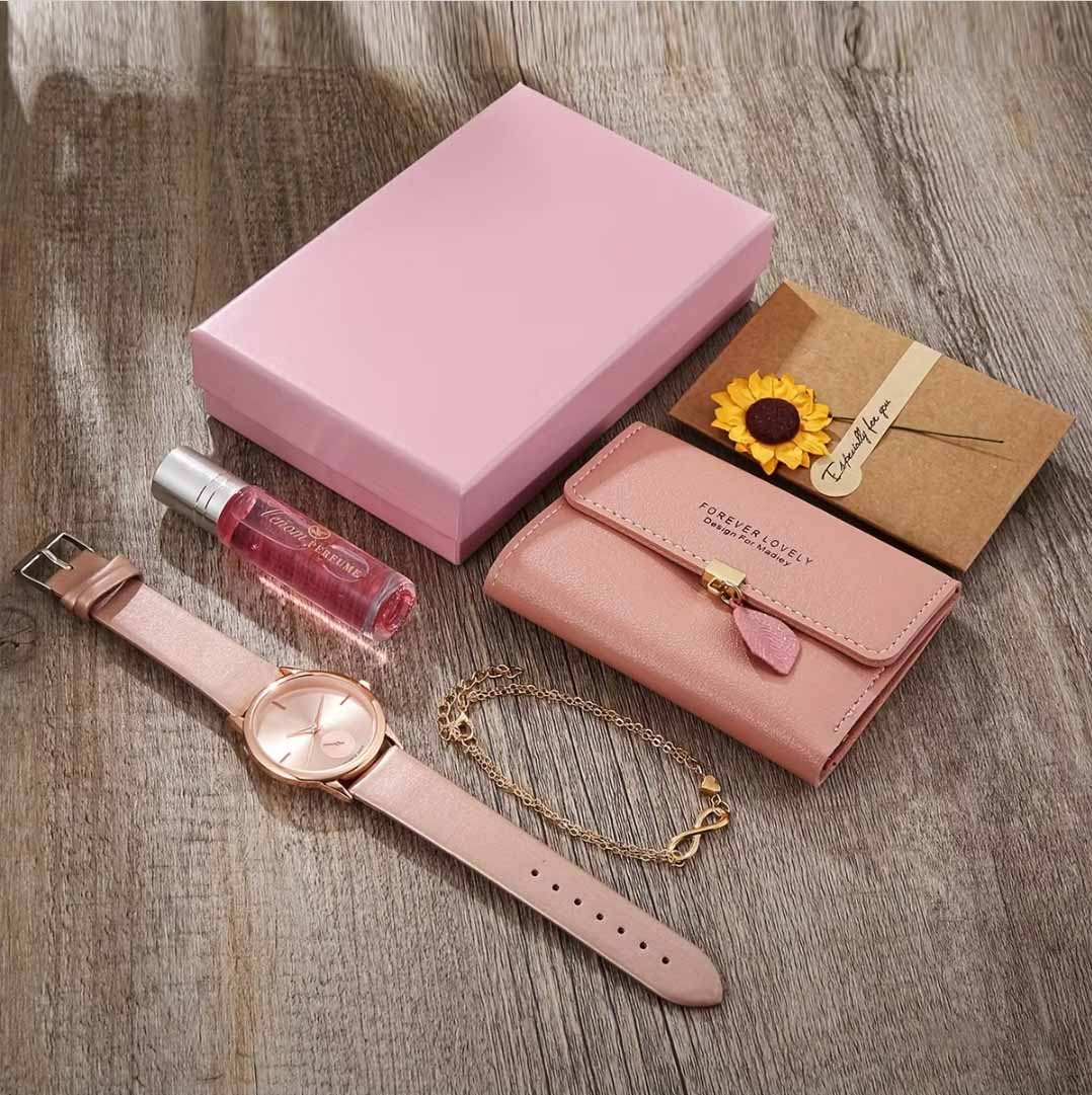 Accesorios de Moda para Mujer - Set de Regalo de 5 Piezas - Reloj, Perfume, Pulsera, Billetera y Sobre con Girasol - Elegancia y Estilo – Rosa y Rose Gold