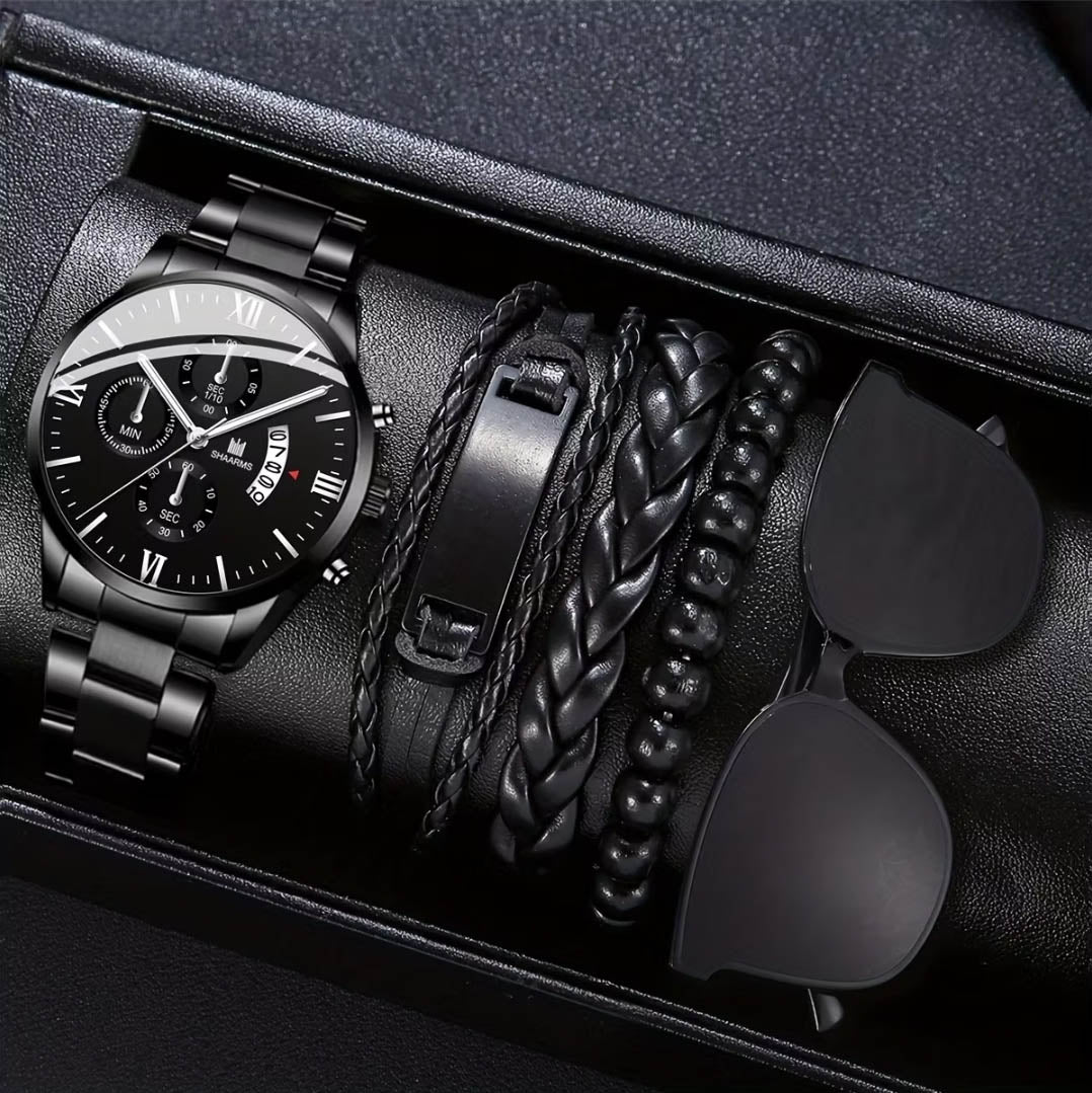 Accesorios de Moda para Hombre - Set de Regalo de 7 Piezas - Reloj, Pulseras y Gafas Aviador - Estilo Ejecutivo y Casual – Negro