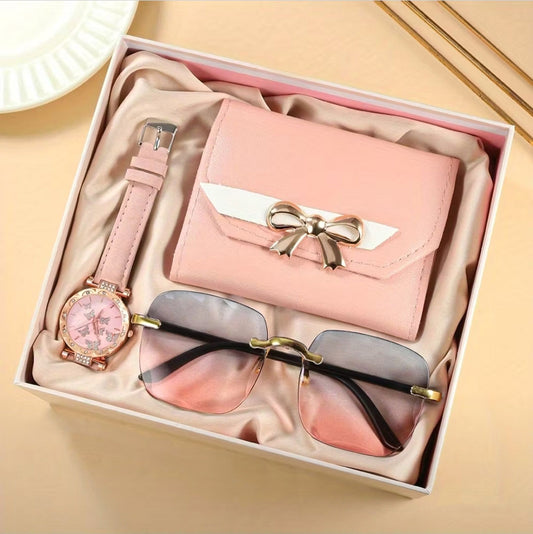Accesorios de Moda para Mujer - Set de Regalo de 3 Piezas - Reloj, Billetera con dije de lazo y Gafas - Elegancia y Estilo – Rosa y Dorado