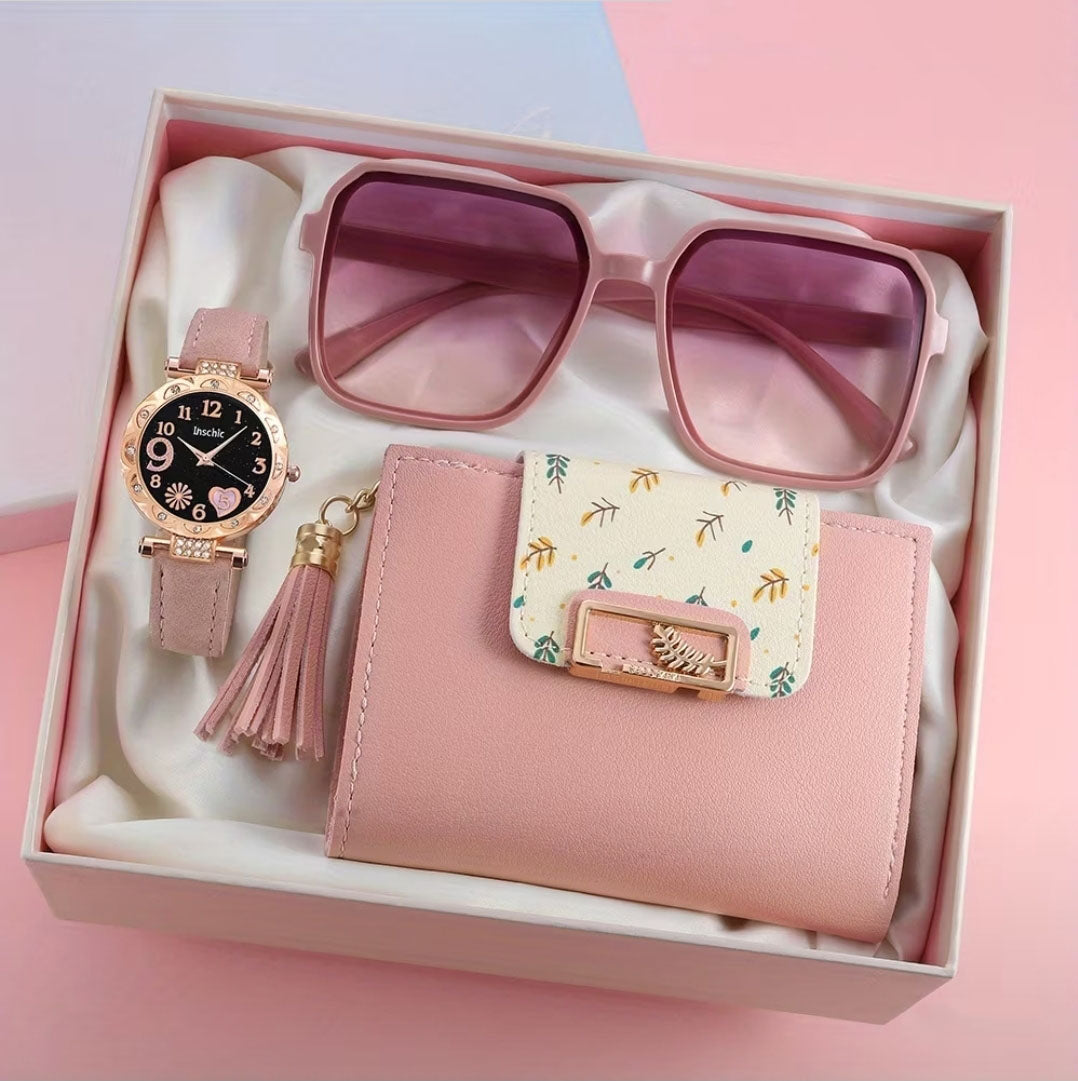 Accesorios de Moda para Mujer - Set de Regalo de 3 Piezas - Reloj, Gafas y Billetera con dije de hoja - Elegancia y Estilo – Rosa, Dorado y Crema