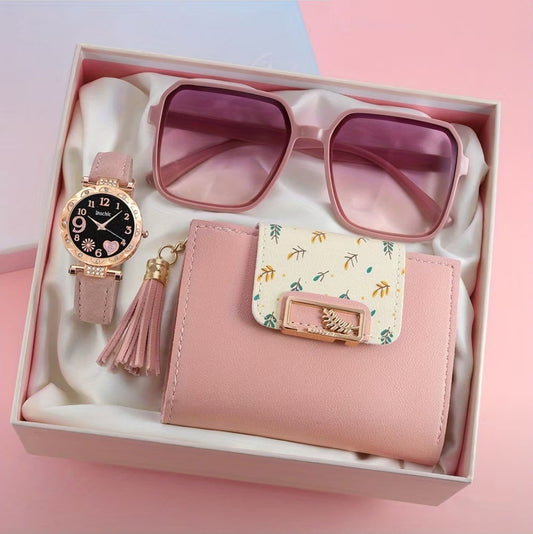 Accesorios de Moda para Mujer - Set de Regalo de 3 Piezas - Reloj, Gafas y Billetera con dije de hoja - Elegancia y Estilo – Rosa, Dorado y Crema